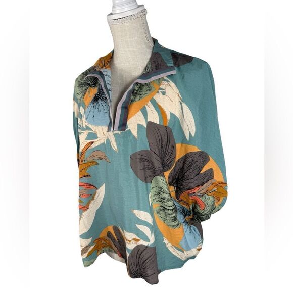 Entro Boutique Teal Blue Tropical Print Collared Lightweight Woven Summer Top - Picture 7 of 11